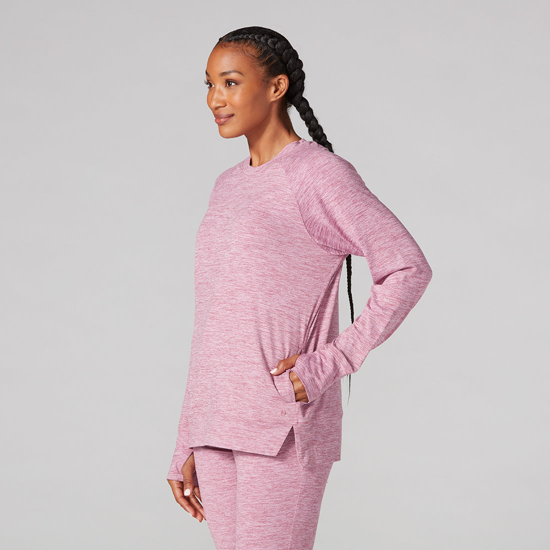 Buy Pink Spacedye Cosy Lightweight Soft Touch Sleeve Detail Crew