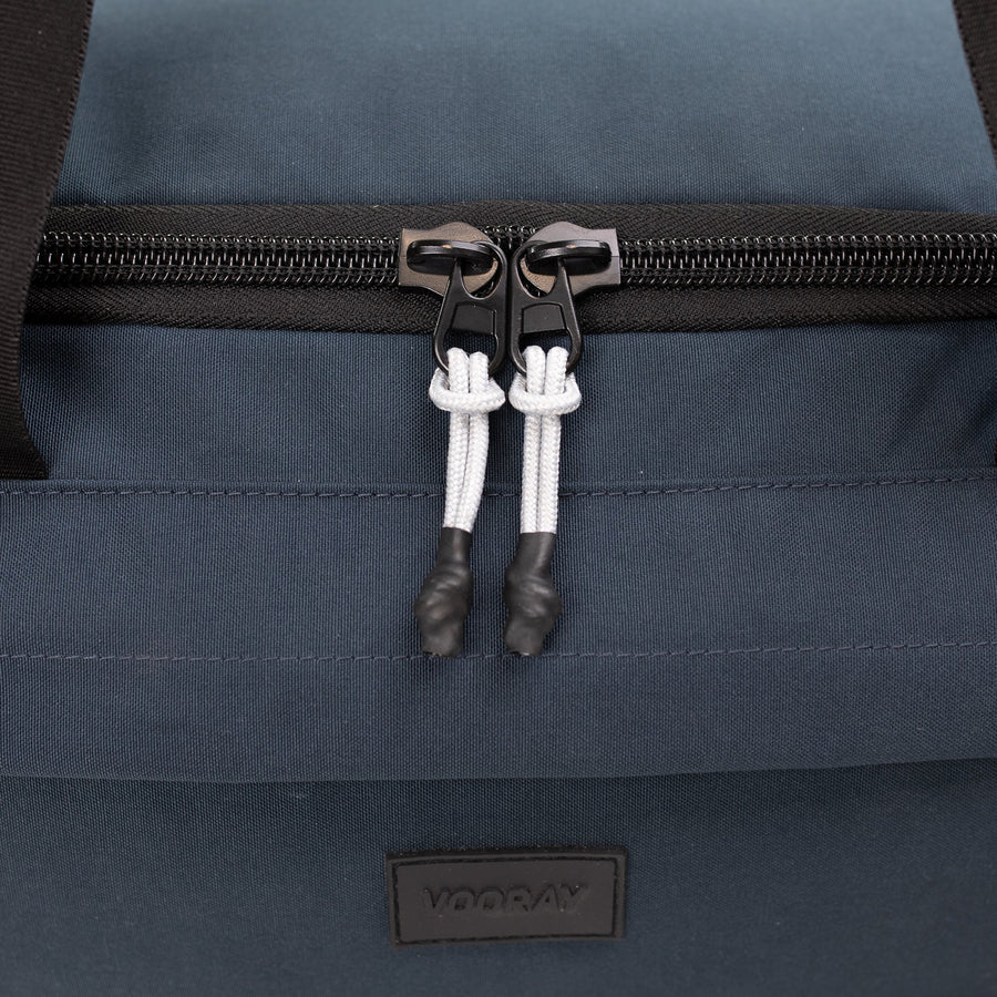 boost duffel steel blue front detail view athletic gym bag