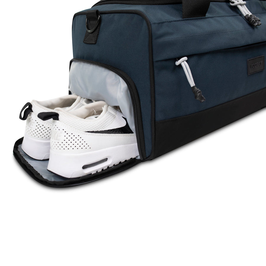 boost duffel steel blue shoe pocket view athletic gym bag