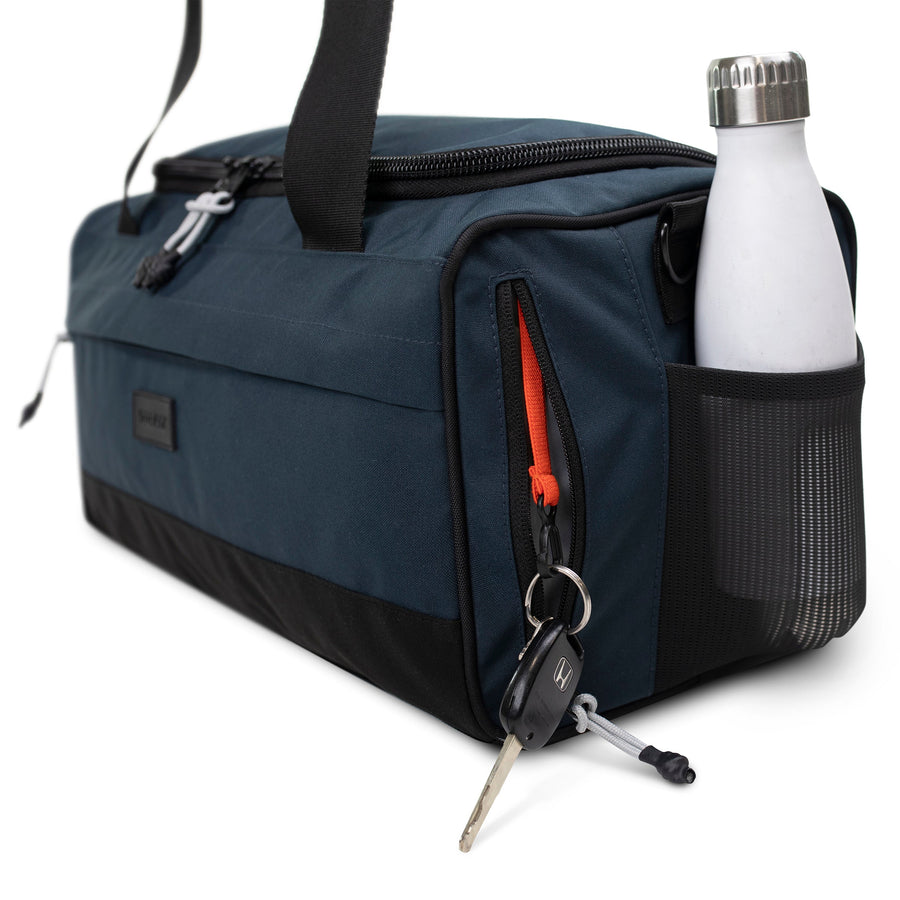 boost duffel steel blue water bottle pocket view athletic gym bag