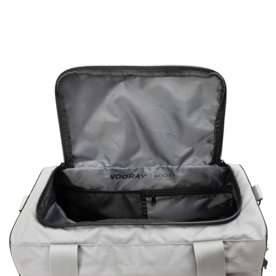 boost duffel stone gray top opening view athletic gym bag