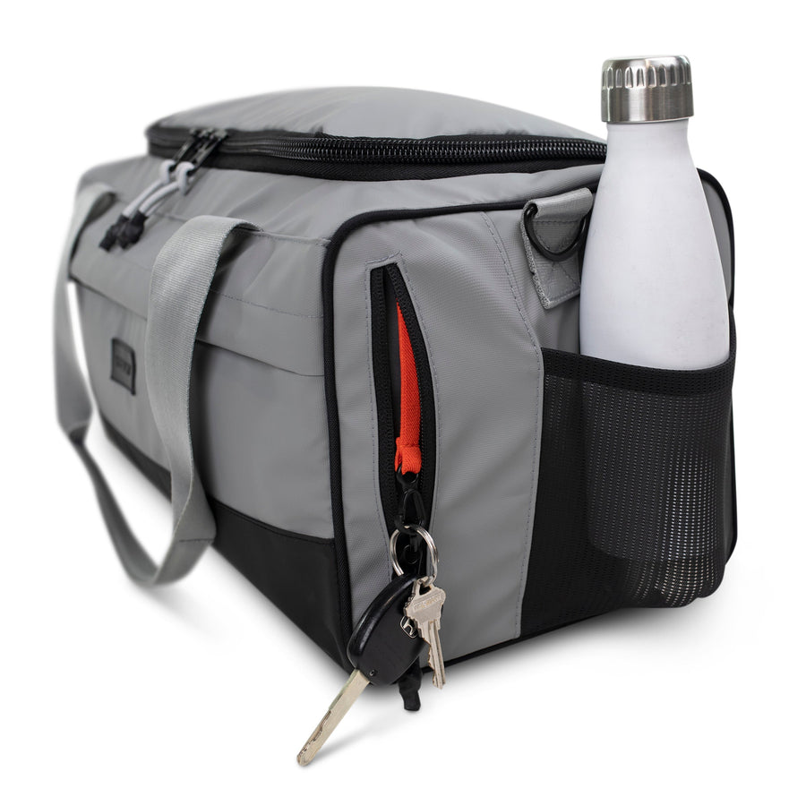 boost duffel stone gray water bottle pocket view athletic gym bag