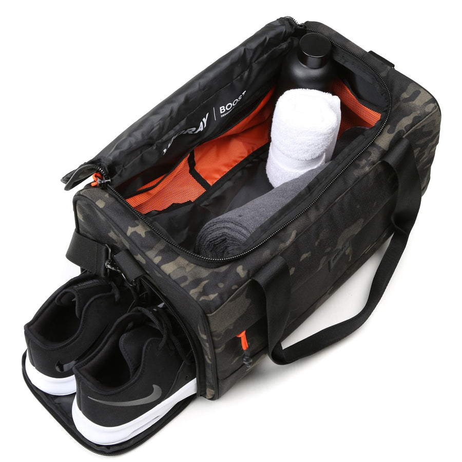 boost duffel abstract camo interior shoe pocket detail view athletic gym bag