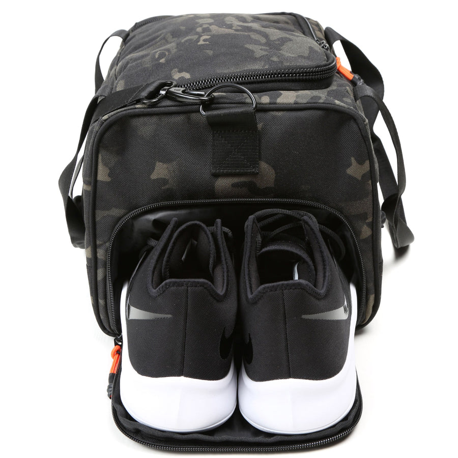 boost duffel abstract camo side shoe pocket view athletic gym bag