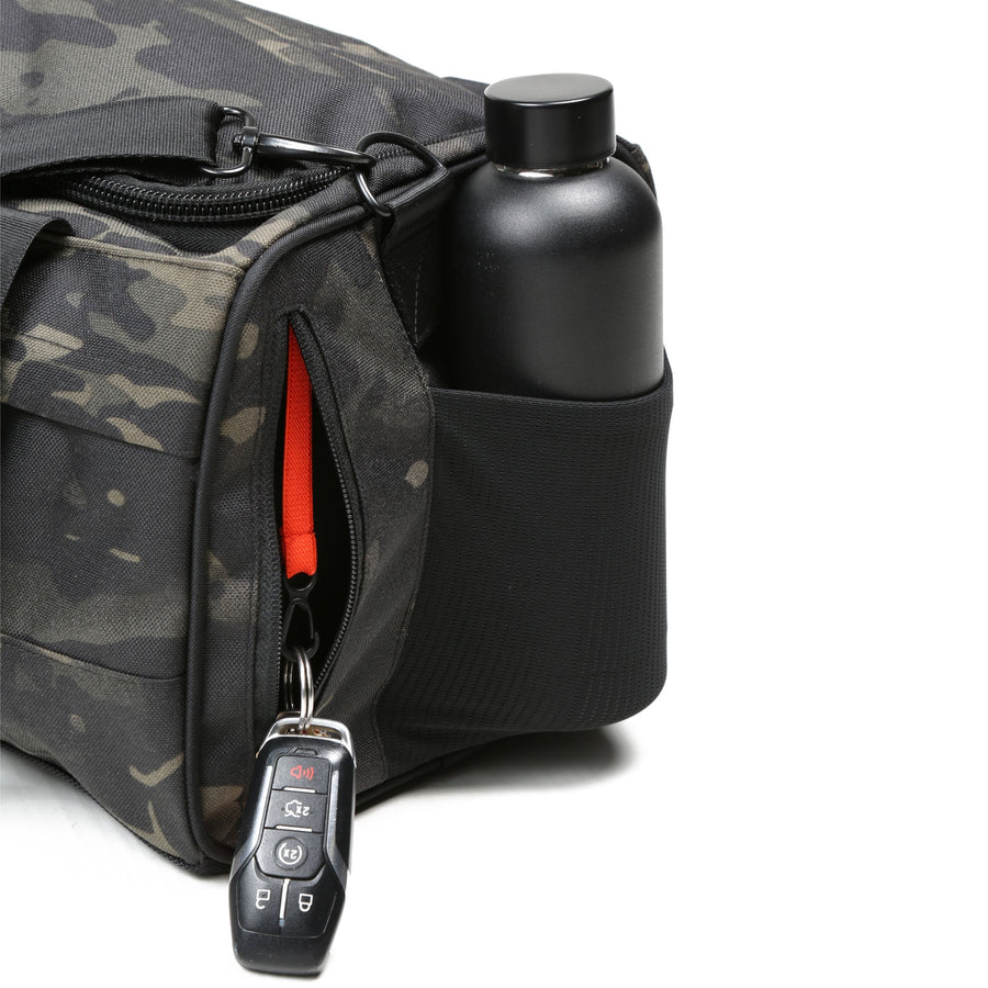 boost duffel abstract camo side water bottle pocket detail view athletic gym bag
