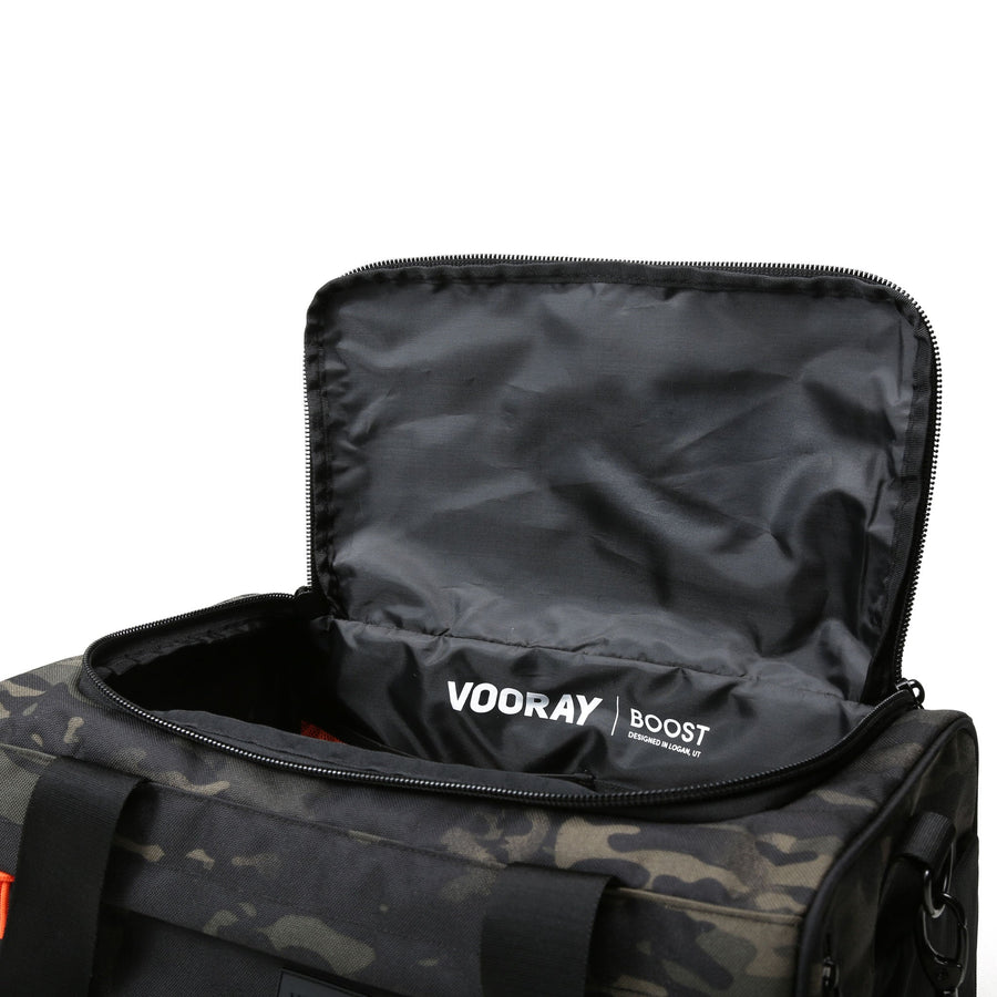 boost duffel abstract camo top opening view athletic gym bag