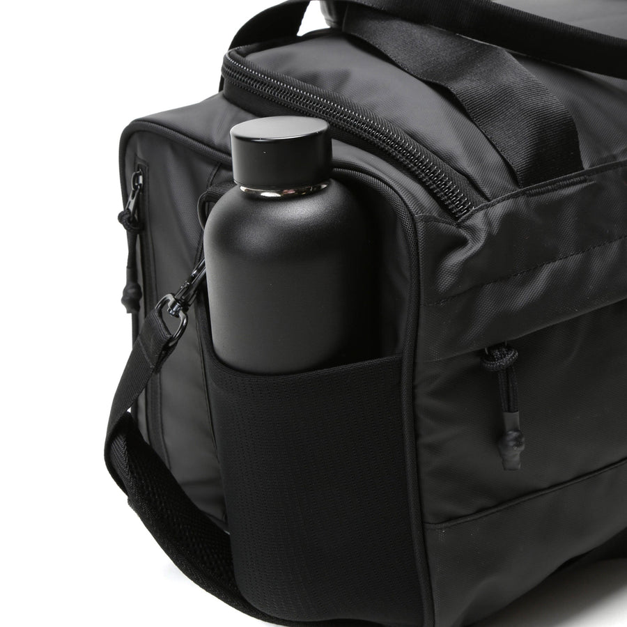 boost duffel matte black side water bottle pocket view athletic gym bag