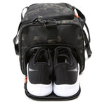 boost duffel abstract camo side shoe pocket view athletic gym bag