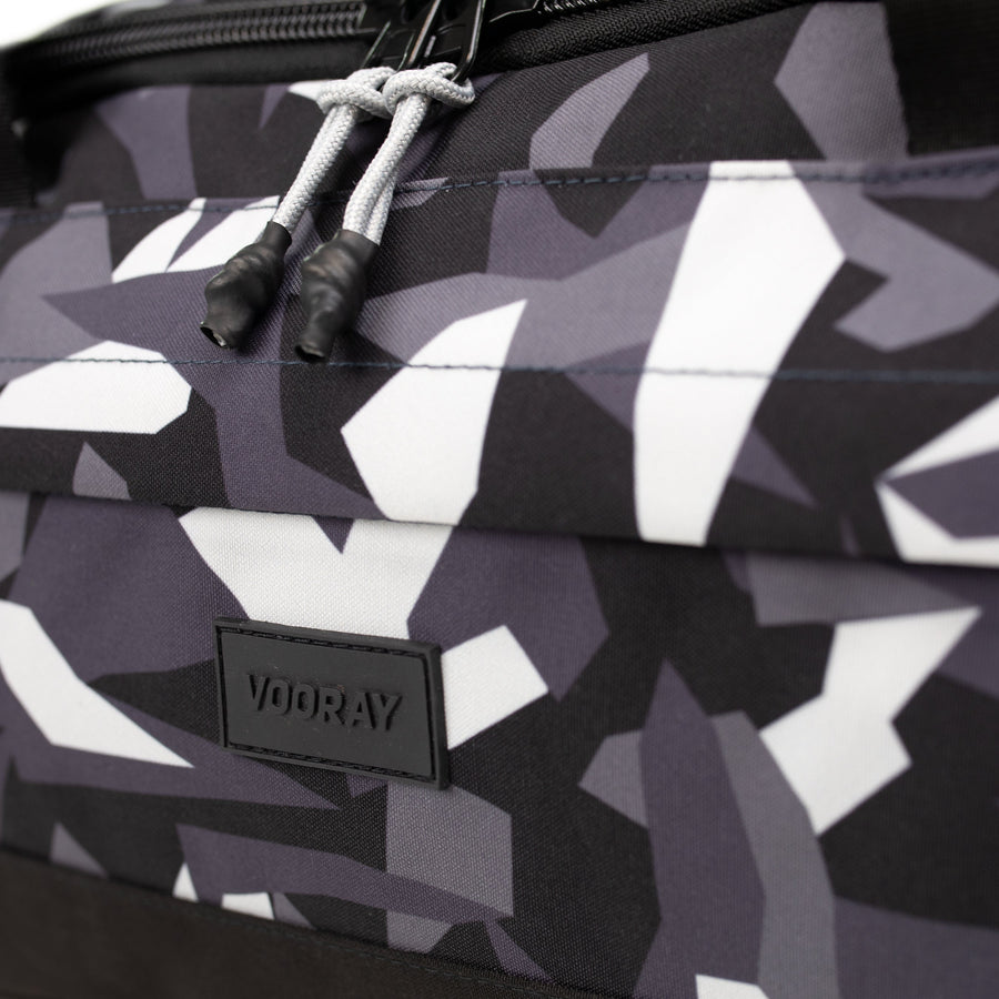 boost duffel geometric camo front detail view athletic gym bag